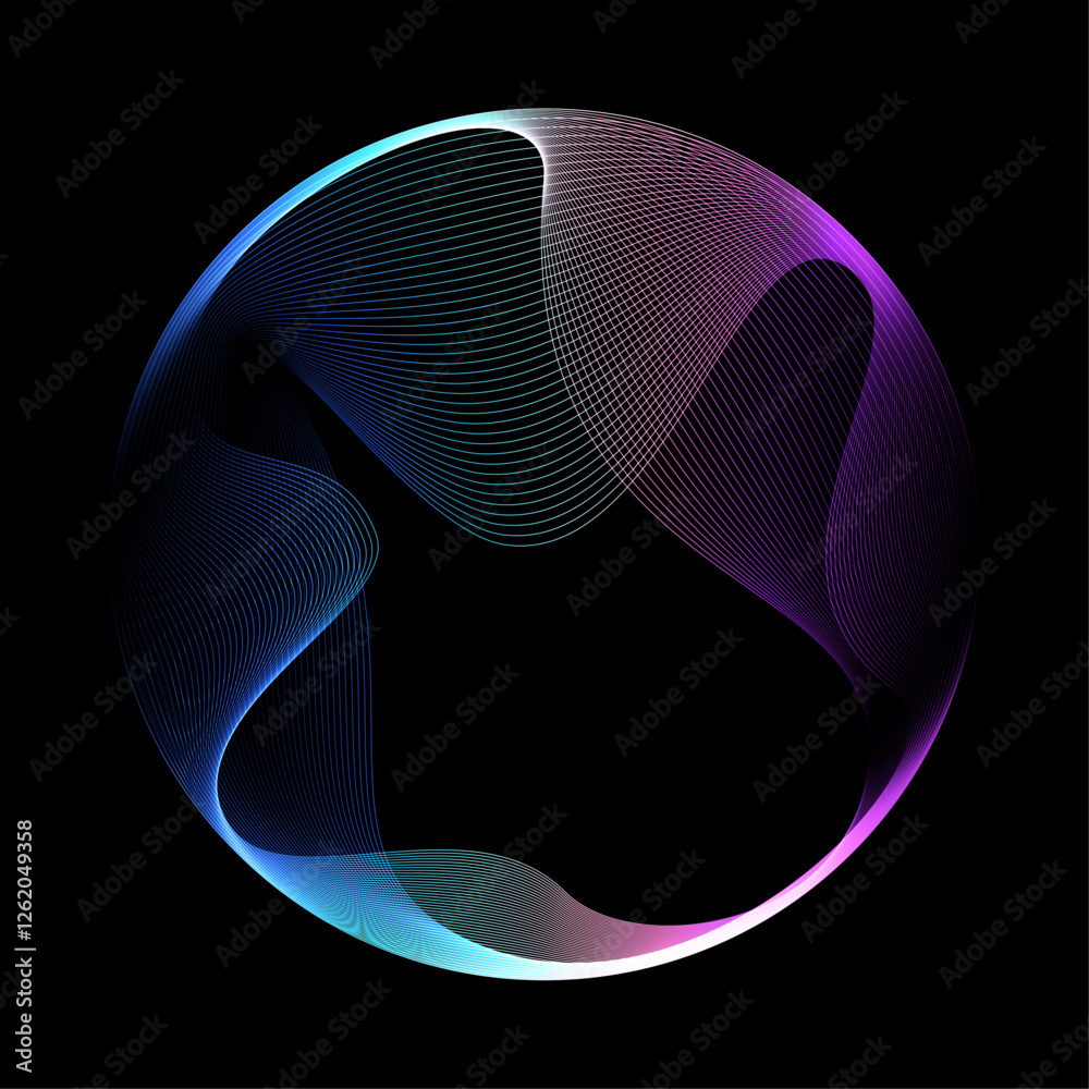 Poster Abstract vector round shape of wavy lines flowing smooth curve colorful spectrum light on black background in concept of technology, science, music, modern.
