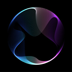 Abstract vector round shape of wavy lines flowing smooth curve colorful spectrum light on black background in concept of technology, science, music, modern.