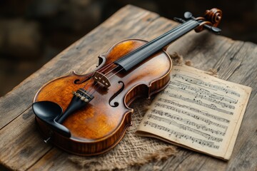 Fototapeta premium Shiny violin resting on rustic table, violin body reflecting craftsmanship, violin bow missing yet music imagined, violin and notes preserving artistic heritage.