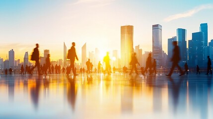 Fototapeta premium Silhouetted figures walk in a modern city at sunset, highlighting urban life and movement.