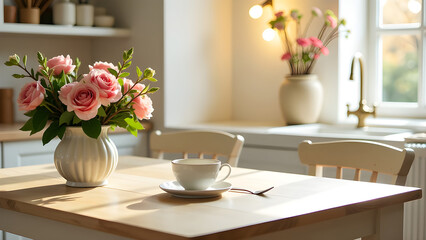Fototapeta premium Empty table in the kitchen for product presentation. Spring, summer interior.