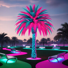 Obraz premium A neon-lit palm tree in a retro-futuristic park, with glowing pathways and benches