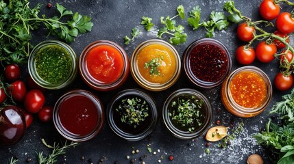 Colorful jars of sauces and fresh herbs displayed on a table