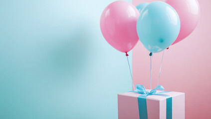 Box with floating helium balloons, pink and blue color scheme, elegant festive setup