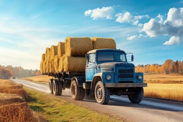 Obraz premium Rustic Truck Transporting Hay Bales Through Countryside Landscape