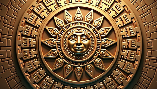 Golden Mayan sun god background featuring embossed golden patterns representing Kinich Ahau, the Mayan sun deity, radiant and regal