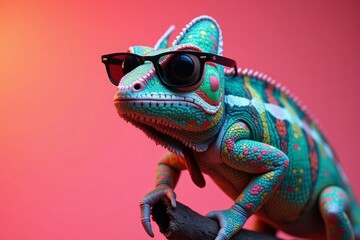A colorful chameleon is wearing black sunglasses looking cool
