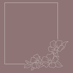 Floral and square hand drawn style. Floral brown frame of twigs, leaves and flowers. Frames for the Valentine's day, wedding decor, logo and identity template.