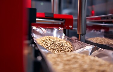 Automated food processing machinery filling bags with grains.