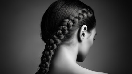 A minimalist black-and-white portrait where a single thick braid falls over a model’s bare shoulder, soft shadows sculpting the composition, elegant and timeless simplicity