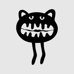 A quirky black-and-white cartoon creature with cat-like ears, multiple eyes, and a wavy mouth. A fun and weird design perfect for creative illustrations, character concepts, and artistic projects.