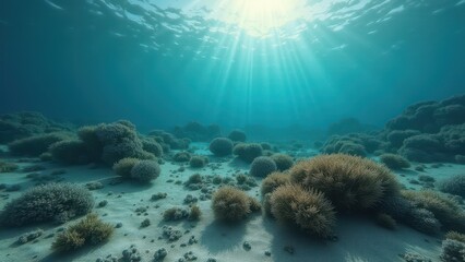 Obraz premium Underwater view of coral reef affected by bleaching with sunlight streaming down 