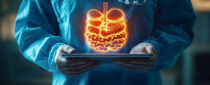 During an endoscopic biopsy, which is another term for esophagogastroduodenoscopy (EGD), the doctor uses a tablet to display digital X-ray images of the procedure, with a white background