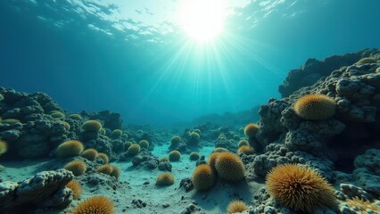 Obraz premium Underwater view of coral reef affected by bleaching with sunlight streaming down 