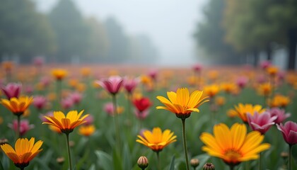 Obraz premium Field of yellow and pink daisies on a foggy morning