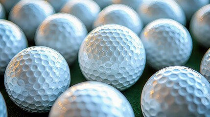 Close-up view of many white golf balls, showcasing the dimpled texture and subtle lighting.  A captivating image for golf enthusiasts and sports lovers.