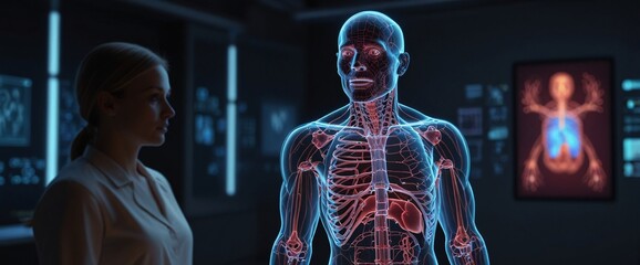 The Future of Healthcare: A female scientist examines a holographic projection of a human body, highlighting anatomical details in a futuristic medical environment.