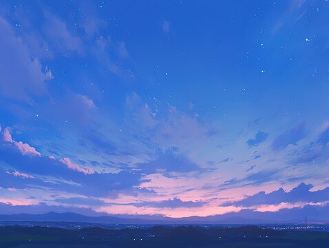 Blue sky, clouds, stars, sunset. Distant landscape with city lights, usage skybox