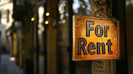 A bright "For Rent" sign hangs in front of a residential building, indicating available rental properties in the area,symbolizing opportunities for new beginnings and dynamic nature of urban living.