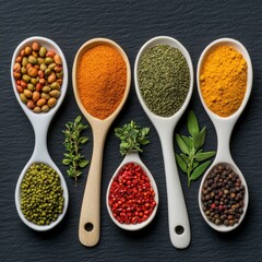 Colorful Spices and Herbs in Spoons