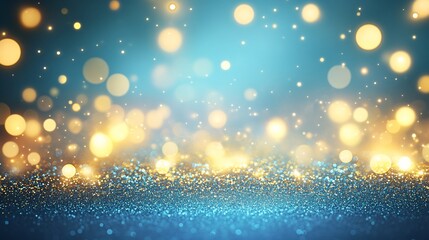 Abstract blue and gold glitter bokeh background with sparkling lights.