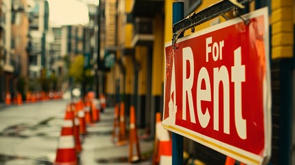 A bright "For Rent" sign hangs in front of a residential building, indicating available rental properties in the area,symbolizing opportunities for new beginnings and dynamic nature of urban living.