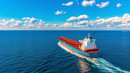 Fototapeta premium Container Ship Sailing on Calm Ocean Under Sunny Sky