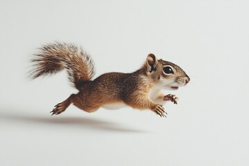 Obraz premium A small brown squirrel leaps across a white background.