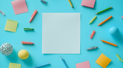 Blank paper surrounded by colorful stationery, including pencils, crayons, sticky notes, and small balls.  Perfect for back to school or creative projects.
