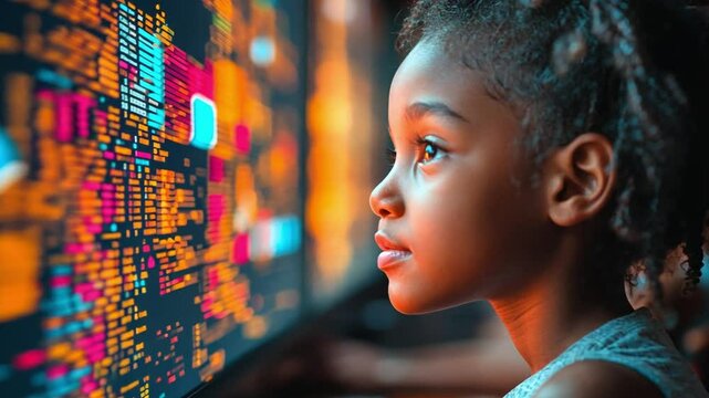 Future Vision: A young girl gazes intently at a vibrant, complex data visualization on a large screen, her eyes reflecting curiosity and wonder. She embodies the next generation of tech innovators.