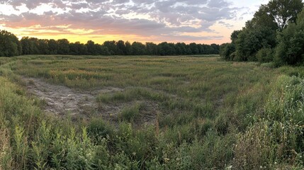 Serene sunset over expansive meadow nature landscape tranquil environment wide-angle view photographic beauty