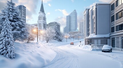 Obraz premium severe snowstorm blanketing an urban landscape. Heavy snowfall obscures buildings and streets, creating a soft, white world punctuated by the occasional flash of headlights