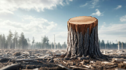 Obraz premium tree stump stands in deforested area, surrounded by remnants of trees, showcasing impact of logging