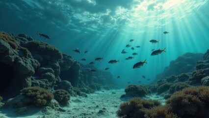 Obraz premium Underwater view of coral reef affected by bleaching with fish swimming under sunlight 
