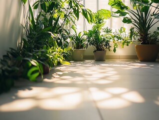Obraz premium Sunlit indoor garden with various potted plants casting shadows on a tiled floor.