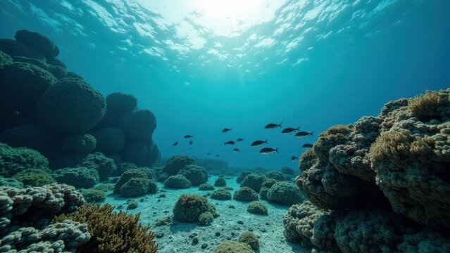 Underwater view of coral reef affected by bleaching with fish swimming under sunlight	