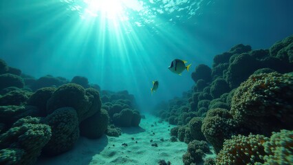 Underwater view of coral reef affected by bleaching with fish swimming under sunlight	