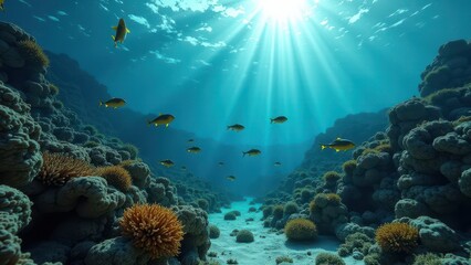 Fototapeta premium Underwater view of coral reef affected by bleaching with fish swimming under sunlight 