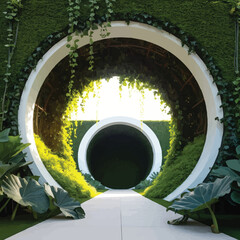 A circular opening framed by lush green plants and vines, leading into a deeper, similarly verdant circular space.