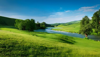 Naklejka premium Summer view with green meadows and trees on the riverbank and blue sky.