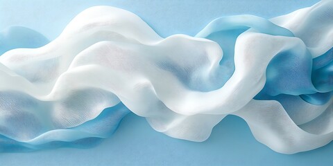 Fototapeta premium Flowing blue and white fabric, light blue background, soft texture, design element