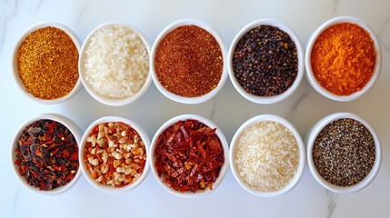 vibrant top view of various spices in bowls, showcasing colorful textures and flavors. arrangement includes seeds, powders, and dried ingredients, perfect for culinary inspiration