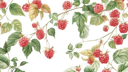 Watercolor-Style Seamless Pattern of Vibrant Raspberries and Leaves

