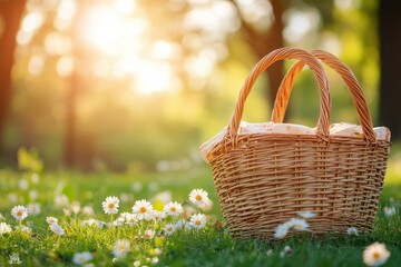Sunlit Rustic Basket Among Wildflowers in Soft Green Meadow