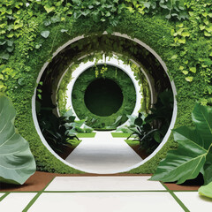 A circular opening framed by lush green plants and vines, leading into a deeper, similarly verdant circular space.