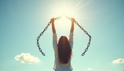 Woman breaking chains raises her arms against a sunny sky