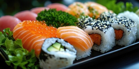 Delicious assortment of raw fish sushi in a gourmet restaurant setting, highlighting traditional Japanese cuisine and the art of sushi making.