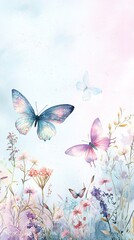Watercolor butterfly border with painted wings dancing dragonflies and wildflowers on a soft lilac background, whimsical style, gentle gradients