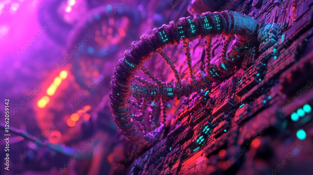Poster surrounded by binary code and glowing circuits, a futuristic digital dna helix emerges from a microc