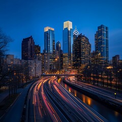 Fototapeta premium City skyline at dusk with highway light trails.